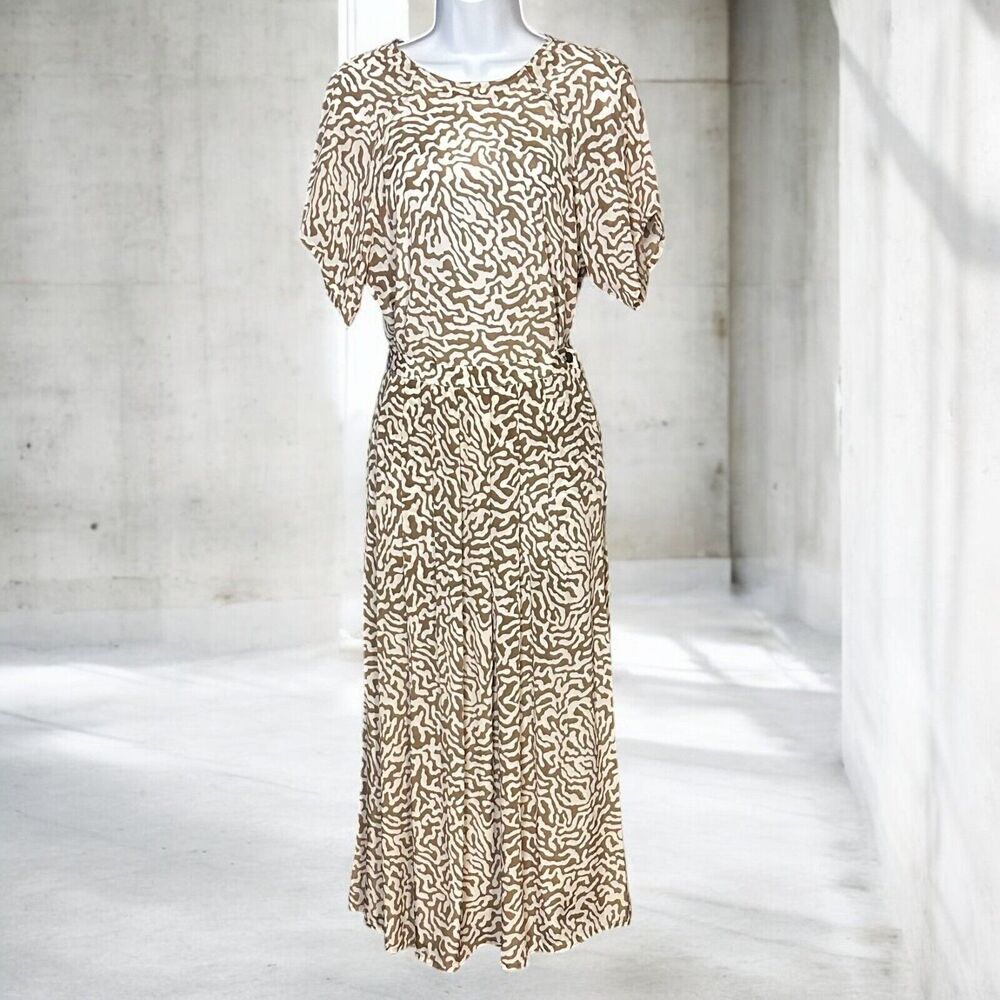 Vintage 80s Jaeger Midi Skirt & Top Set Silk Blend Tan Glam Animal Print Medium